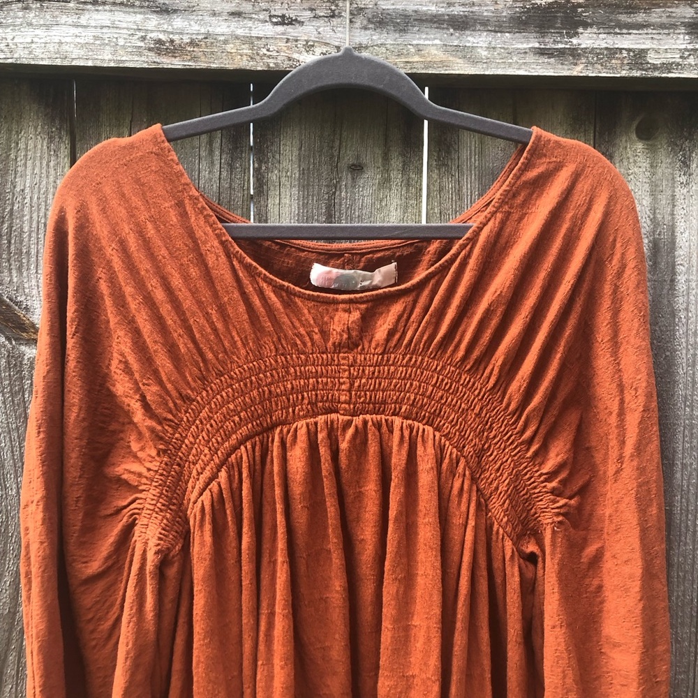 FP Beach Celia Mini Dress Size L Brown Rust Long Dolman Sleeves Gauzy Pockets - Picture 3 of 16